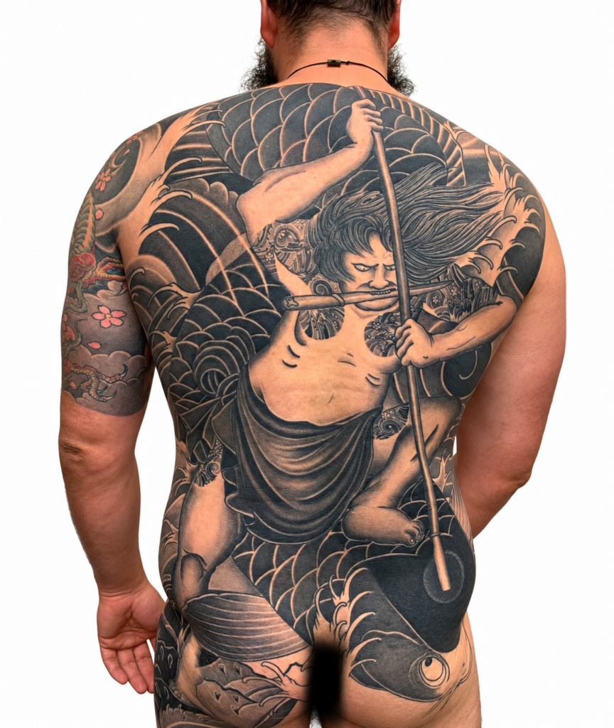 Japanese warrior and koi back piece tattoo, Perth Western Australia